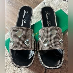 Lauren Lorraine Black Rhinestone Slide Sandals